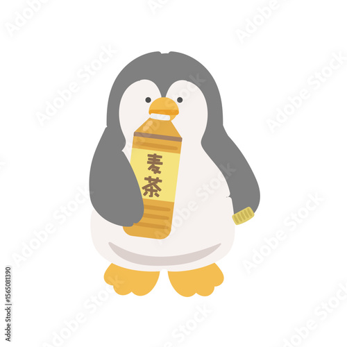 ペットボトルの麦茶を飲むペンギン　熱中症対策　イラスト