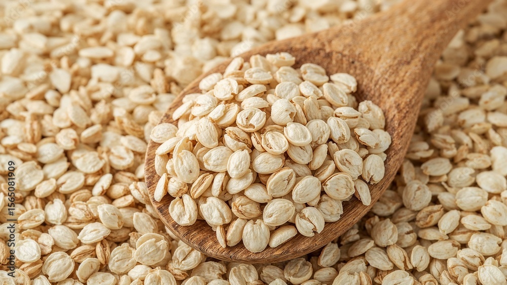 Fototapeta premium Wholesome organic rolled oats in wooden spoon