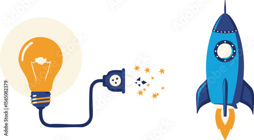 Light Bulb Connected to Plug Powering Rocket Launch, Symbolizing Innovation, Creative Energy, and Idea-Driven Progress