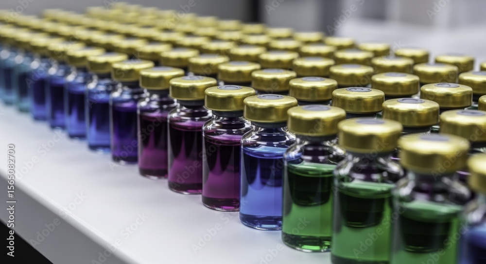 Obraz premium Multiple rows of clear glass vials with colorful liquids and gold caps