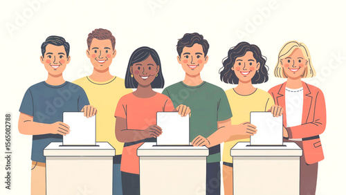Diverse group of people casting votes at ballot boxes during an election