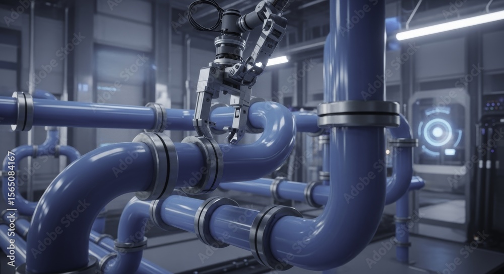 Robotic arm maintaining intricate blue pipes in a futuristic industrial facility Robotic arm maintaining intricate blue pipes in a futuristic industrial facility