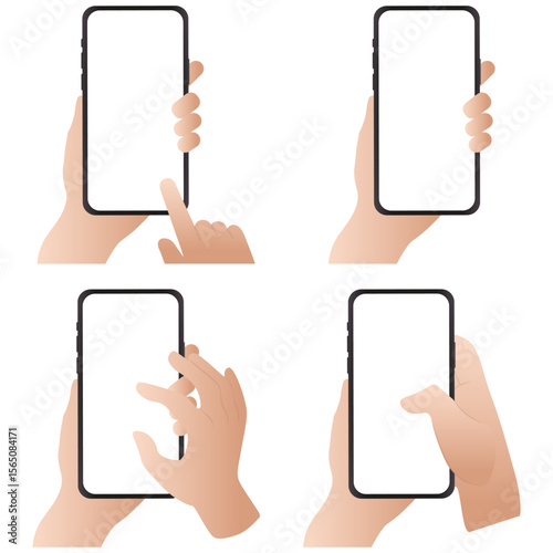 Set of hands holding smartphone in different gestures. Flat vector illustration.