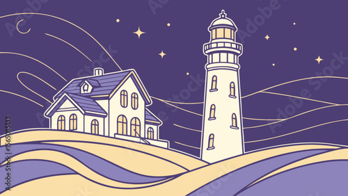 Illustration of a lighthouse and house on a hill under a starry night sky with moon and wavy lines design