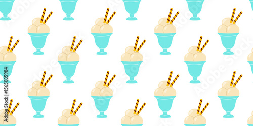 Delicious ice cream in vibrant blue dishes decorated with striped wafers showcases a joyful dessert pattern suitable for summer