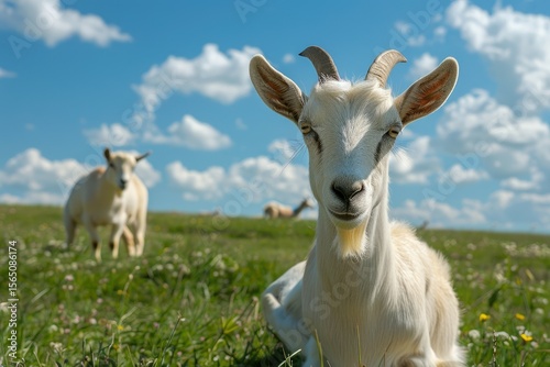 Goats Seem at Ease Peacefully Grazing and Exploring Their Surroundings Vertical Photo