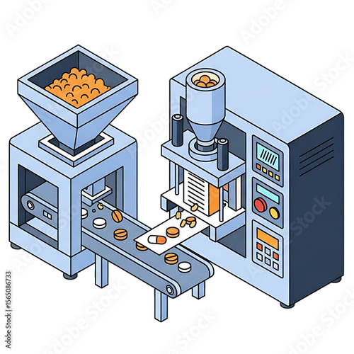 Pharmaceutical production line for pill packaging.