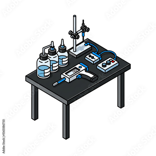 Chemical lab setup with flasks and reagents.