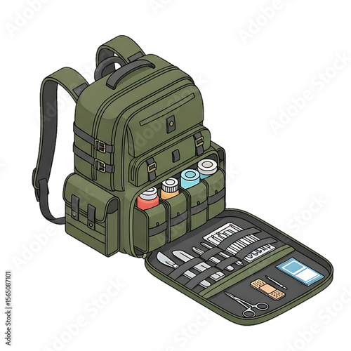 Military-style emergency medical backpack kit.