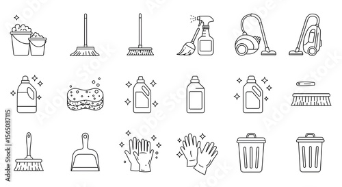Cleaning Supplies Line Art Icon Set Vector Illustration