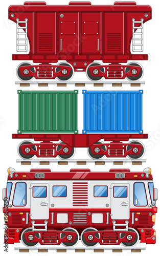 Railway locomotive and wagons. Side view. Isolated on a white background. Vector illustration.