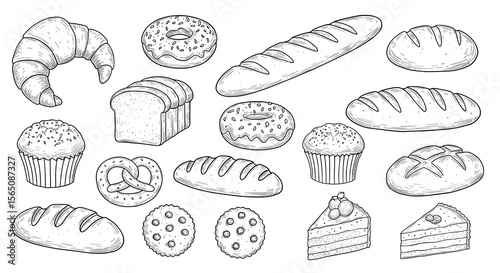 Hand Drawn Bakery Goods: Croissant, Bread, Donut, Muffin, Cake, Cookie and Pretzel Vector Illustration