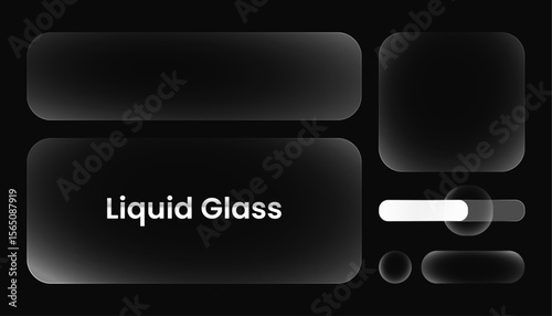 Set of liquid glass panels and elements. Transparent UI frames and buttons for modern web and app interfaces