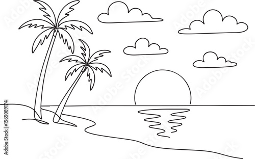 Tropical Beach Line Drawing Palm Trees Sea Sunset Vacation Vector on White