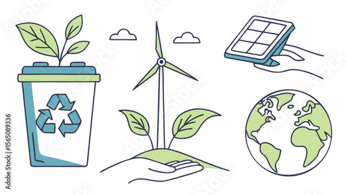 Illustration depicting recycling bin, wind turbine, solar panel, hand, and earth for environmental concepts