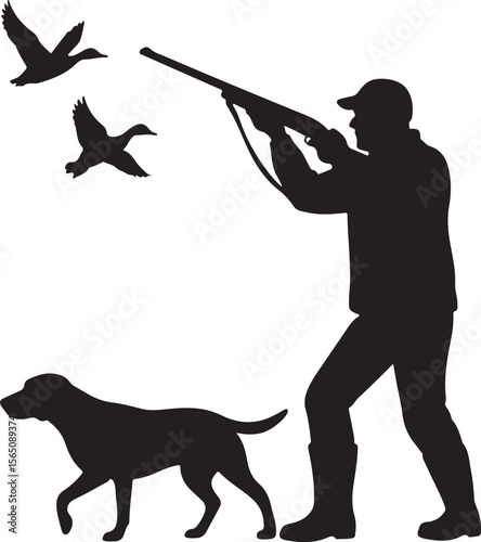 Man and Dog Duck Hunting Silhouette in Natural Scene