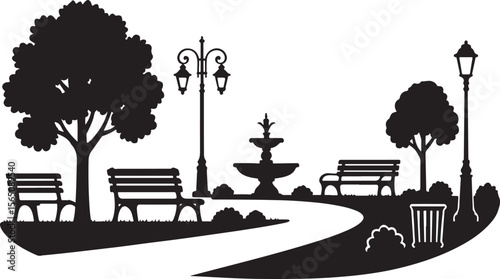 City Park Urban Outdoor Decor Silhouette with Trees Benches