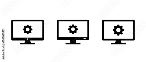 Desktop monitor icon with gear symbol. Computer settings and system configuration concept