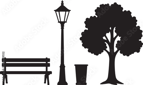 Public Park Elements Silhouette Urban Alleys and Lamps