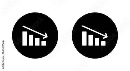 Decline bar chart with downward trend arrow icon. Decrease, loss, and financial crisis symbol in black circle