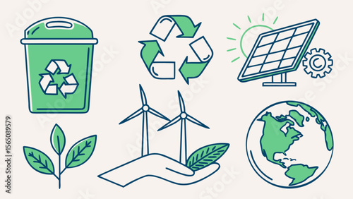 Illustration showing recycling bin, recycle symbol, solar panel, wind turbines and earth globe