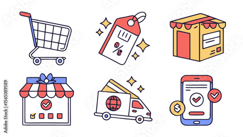 Illustration showing a shopping cart, price tag, box, store, delivery truck, and a mobile payment icon