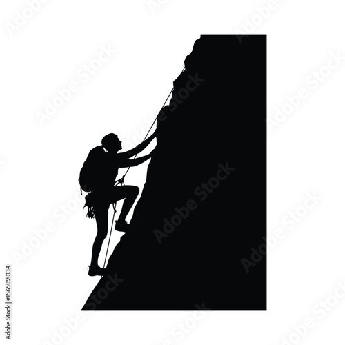 Black Silhouette of Climber Ascending Rock Face climbing