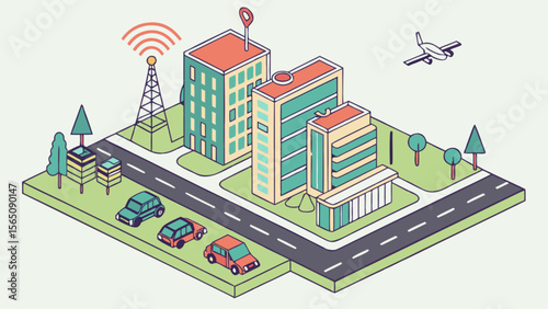 Isometric city illustration with buildings cars airplane antenna and trees in a stylized design