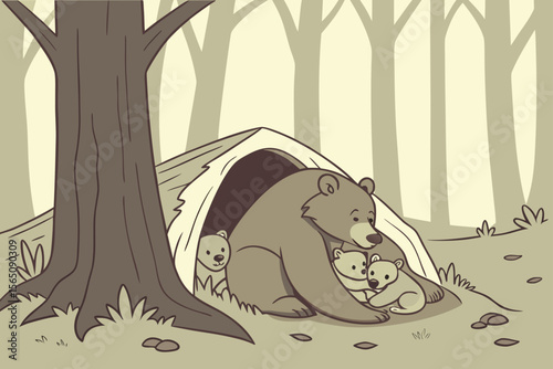 Bear Family in Forest Den – Vector.