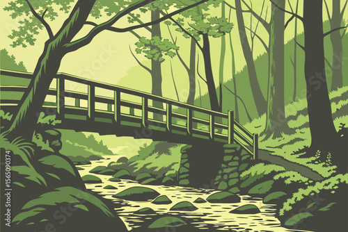 Forest Bridge Over Stream – Vector.