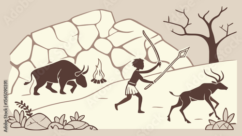 Cave painting style illustration of a hunter pursuing a deer and a bison near a fire and cave