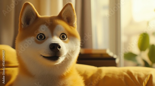 A playful screenshot of a dog meme shared in a chat, bright and cheerful in a cozy setting