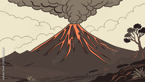 Illustration of a volcano erupting with lava flowing down its sides and smoke in the sky above it