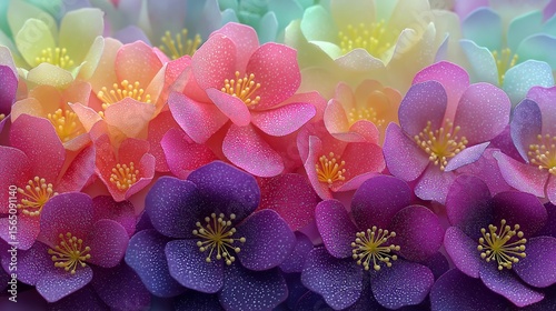 Chromascape Floral Sculptures: Layered paper blooms in 7-spectrum palette with gilded stamens. Modular sets for event installations, luxury displays, or art merchandise featuring editable vectors.