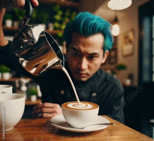 A male barista pouring latte art into a coffee cup in a small cafe