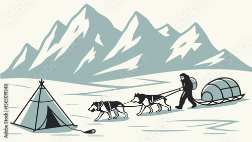 Illustration of a person with dogs pulling a sled near a tent with mountains in the background scene