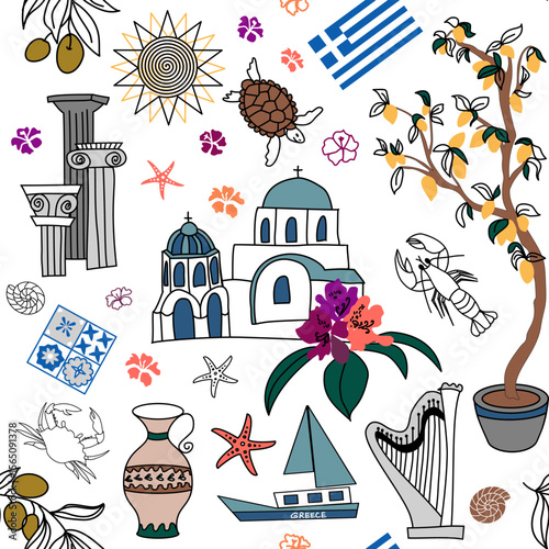 Vector Seamless pattern featuring Greek architecture, ancient columns, olive, lemon, traditional symbols, amphorae, sea creatures, cultural motifs. Mediterranean summer travel and island vibes. 