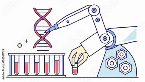 Robotic arm manipulating test tubes with dna strand in a laboratory environment for scientific research