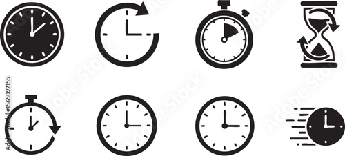 Time and Clock Icon Set Featuring Analog Clocks, Stopwatches, Hourglass, and Arrow Symbols for Scheduling and Productivity