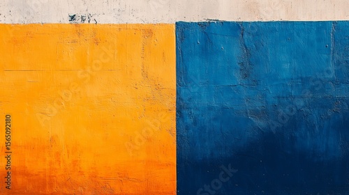Vibrant colors of orange and blue illuminate an outdoor urban wall in a contemporary artistic style