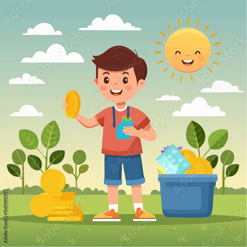 Illustrated concept of a child earning pocket money by doing chores