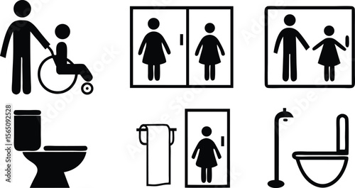 Accessibility Icons Set,Wheelchair, Restroom, and Family Friendly Symbols,medical assistance symbols,restroom and accessibility icon set,seating options,Eight minimalist restroom accessibility signs,