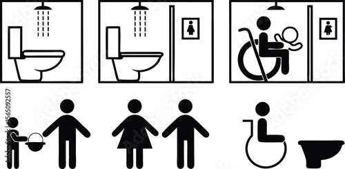 Accessibility Icons Set,Wheelchair, Restroom, and Family Friendly Symbols,medical assistance symbols,restroom and accessibility icon set,seating options,Eight minimalist restroom accessibility signs,