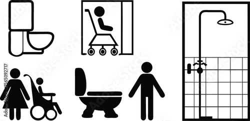 Accessibility Icons Set,Wheelchair, Restroom, and Family Friendly Symbols,medical assistance symbols,restroom and accessibility icon set,seating options,Eight minimalist restroom accessibility signs,