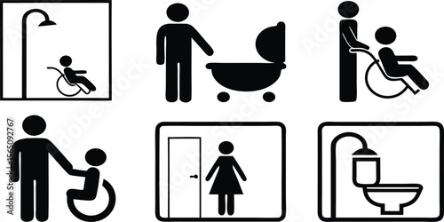 Accessibility Icons Set,Wheelchair, Restroom, and Family Friendly Symbols,medical assistance symbols,restroom and accessibility icon set,seating options,Eight minimalist restroom accessibility signs,