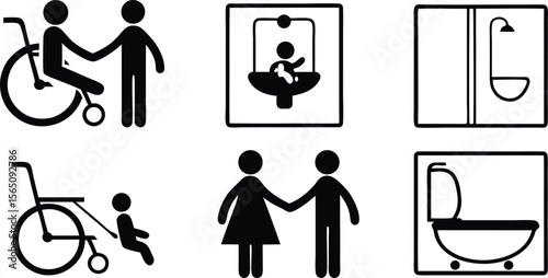 Accessibility Icons Set,Wheelchair, Restroom, and Family Friendly Symbols,medical assistance symbols,restroom and accessibility icon set,seating options,Eight minimalist restroom accessibility signs,
