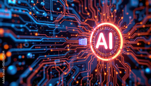 Artificial intelligence technology is represented through intricate circuit patterns and glowing elements, showcasing futuristic digital landscape. vibrant colors and design evoke sense