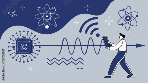 Illustration of a man with tablet surrounded by science and technology related icons and symbols