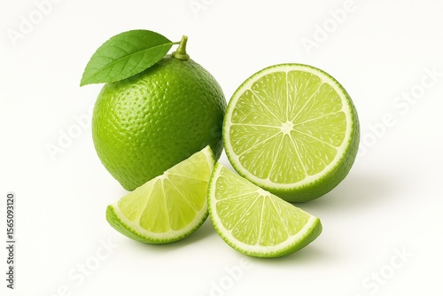 On a white background there is a whole lime with a green leaf, a lime cut in half and two slices. The bright composition emphasizes the freshness and naturalness of limes, ideal for cooking.