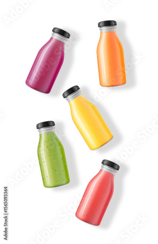 Vector top view illustration of glass bottles with organic juices or smoothies on white background. Summer vitamin drinks. Packaging mockup template. Healthy eating, detox and wellness lifestyle.
